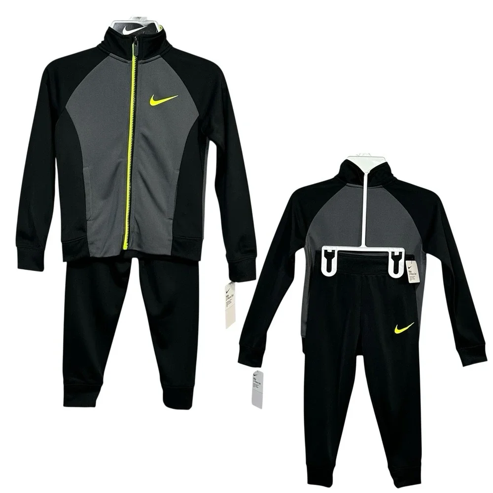 Nike Little Boys Track Suit Set Size 4 Black Gray Full Zip Jacket & Pants Outfit
